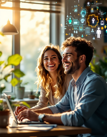 Christine-Brode-KI-Strategin-KI-Strategie-Lachen-Menschen Christine Brode - KI Strategin, KI-Strategie, lachende Menschen vor dem Computer