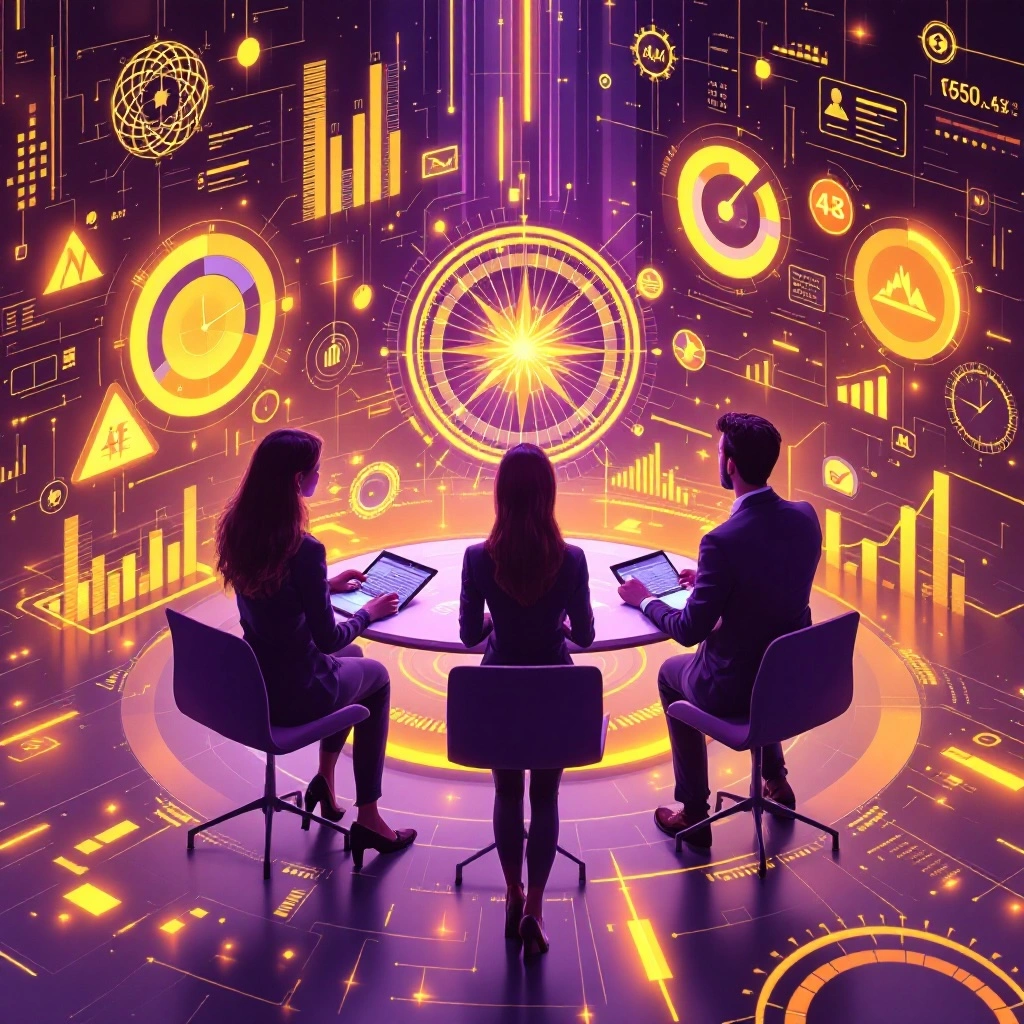 a group of people sitting at a round table with laptops and graphics